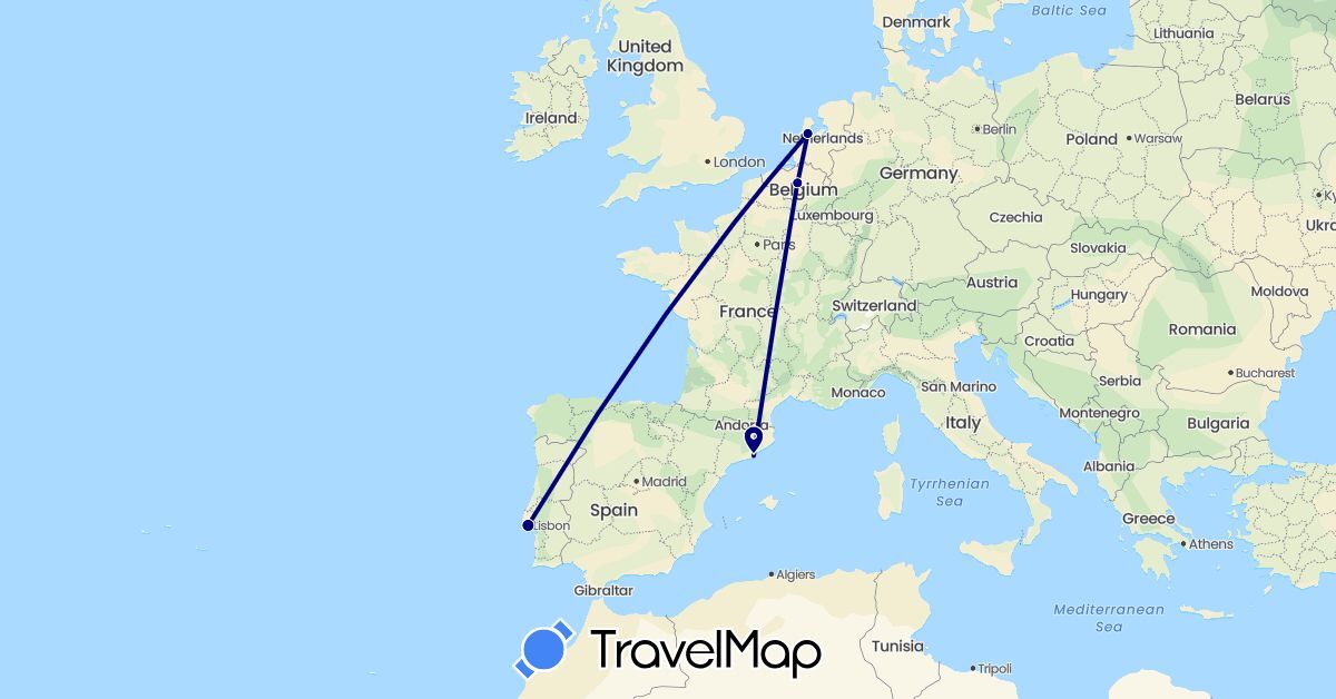 TravelMap itinerary: driving in Belgium, Spain, Netherlands, Portugal (Europe)